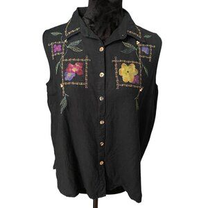 VTG Lemon Grass Womens Blouse Large Embroidered Y2K Floral Boho Cottagecore 90's